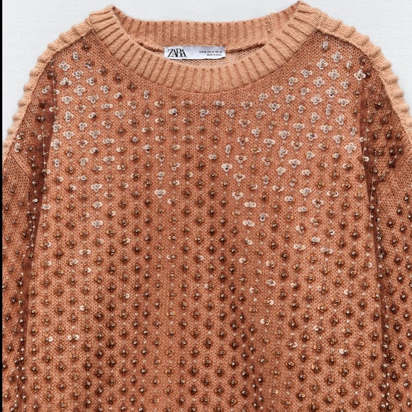 NWT ZARA taupe brown SEQUINED KNIT SWEATER - Picture 8 of 10